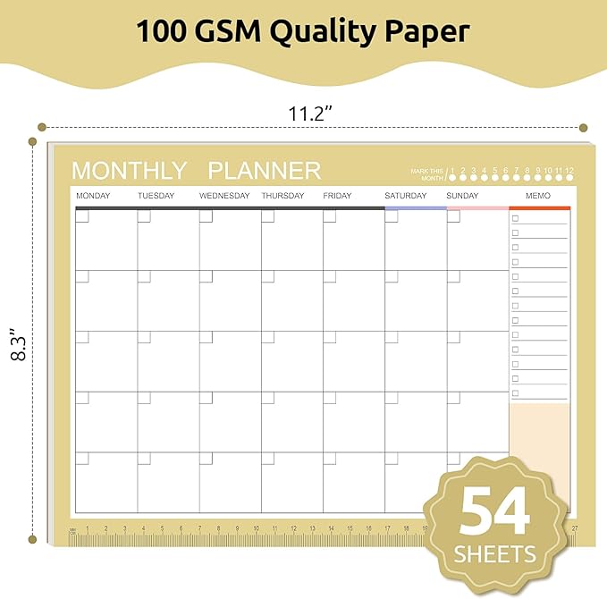 Phyxin Undated Planner, 54 Sheets Blank Calendar, 11.2" x 8.3" Monthly Calendar Planner, Tear Off Undated Monthly Planner with Memo for Women, Students, Teachers, Yellow