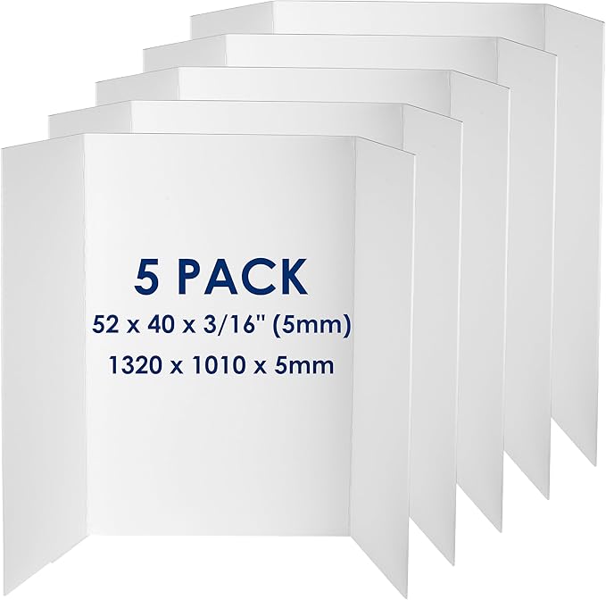 Foam Board Trifold 52 x 40 x 3/16" (5mm) - 5 Pack - Large Poster Foam Core Board, Acid Free, Double Sided, Posterboard Foamboard for Mounting, Prints, Art, Display, Presentation and Projects