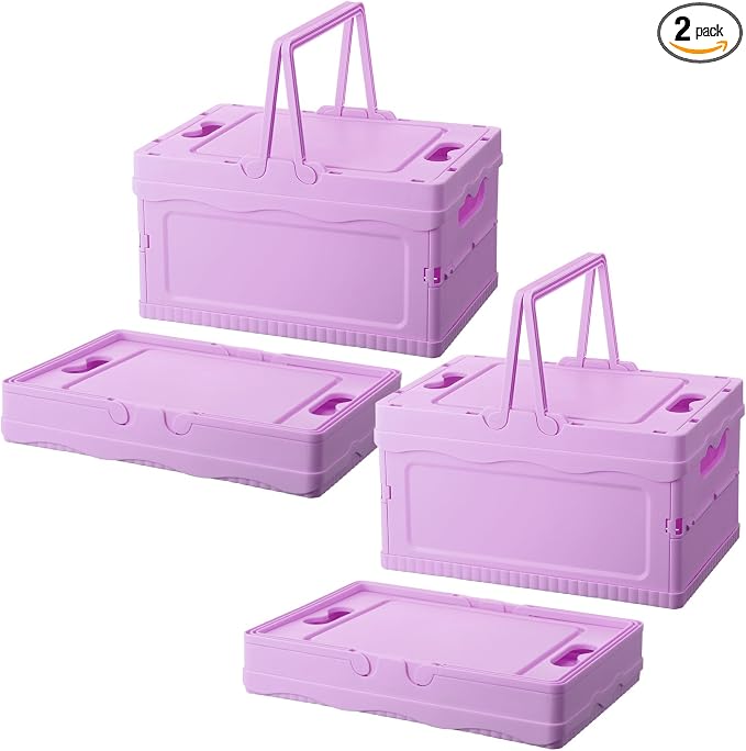 2 Pcs Pastel Plastic Collapsible Storage Crates with Lids and Handle Collapsible Picnic Basket Stackable Storage Bins Cute Foldable Container for Home Kitchen Office Bathroom(Purple)