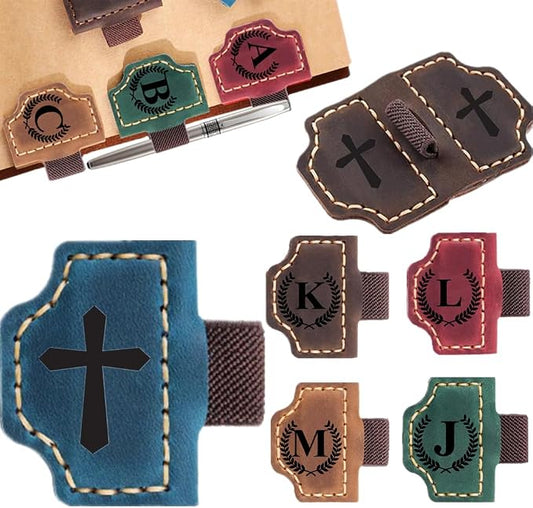 Custom Bookmark with Pen Holder with 26 Letters Personalized Magnetic Leather Book Mark, Customized Name Book Marker Clip with Initial for Men Women, Gifts for Book Lovers, Readers, (Blue, Cross-1)