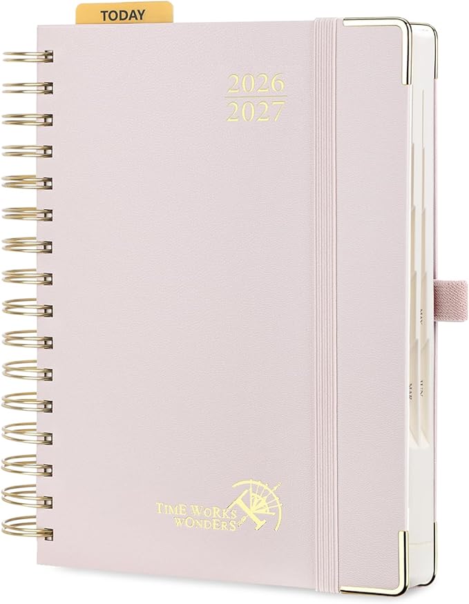 POPRUN 2026-2027 Daily Planner One Page Per Day, 5.75" x 8.5", Academic Daily Calendar Book with July 2026 to June 2027, Hardcover Appointment Book with Hourly Time Slots, Spiral Bound, Monthly Tabs - Light Pink