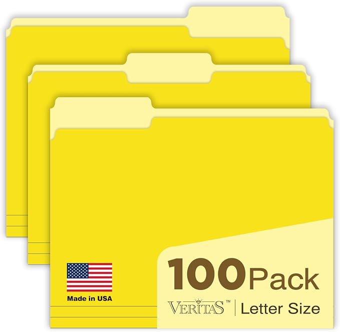 Yellow Manilla Folders File Folders 100-Pack Letter Size 8.5" x 11" Yellow Colored Folder with 1/3-Cut Tabs Durable Pressboard Folders for Office, School, Home, Business Filing Supplies, Made in USA