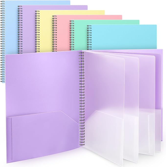 Seajan 6 Pcs 10 Pocket Folder Pastel Sturdy Plastic Spiral Portfolio Multi Pocket Folder Pink Purple Organizer Document Folders Plastic Spiral Project Organizer for School Office