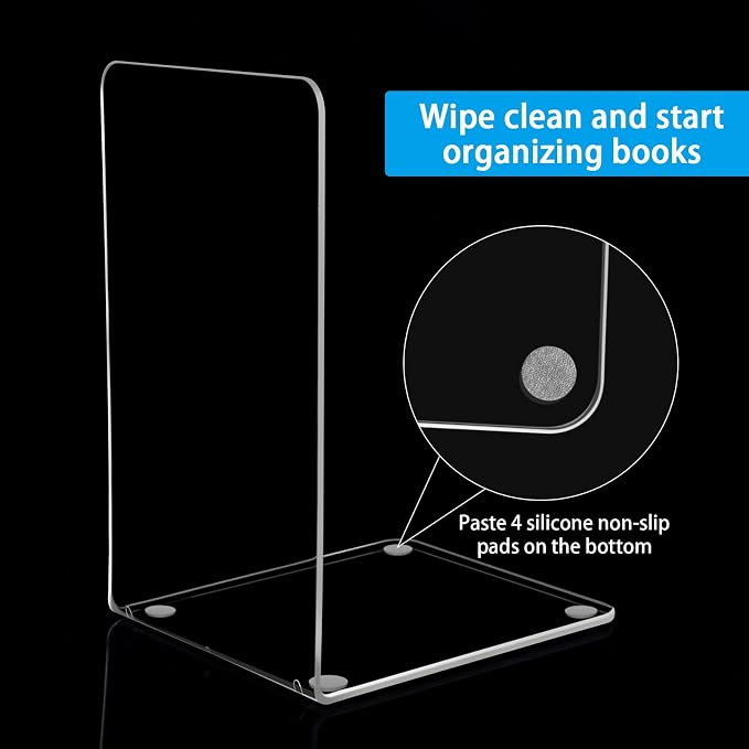 10 Pieces Book Ends, Clear Acrylic Bookends for Shelves, Heavy Duty Book Holders, Non Skid Decorative Bookends for School, Library, Bedroom, Office (7.28 x 4.7 x 4.7in)