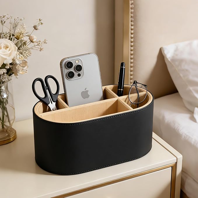 KINGFOM PU Leather Desk Organizer with Multi Compartments, Desktop Caddy Holder for Remote Controls, Pens, Makeup Brushes, Office Accessories (Black)