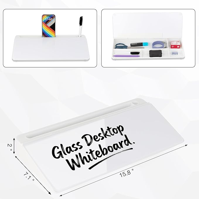 Glass Desktop Whiteboard with Storage15.8×7”, Desk Dry Erase Note Board, Compact Desk Organizer for to-Do List Home Office School & Gift, White
