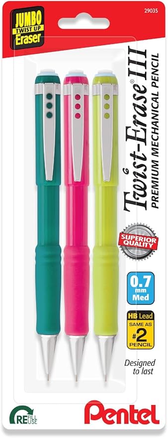 Pentel Twist Erase III Mechanical Pencils 0.7mm - Pre-Loaded Super Hi Polymer HB Lead, Assorted Barrel Colors, Pack of 3