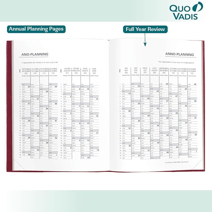 Quo Vadis 2026 Note - Bi-Lingual (EN/FR) - Weekly/Monthly Planner - 16 Months, Sept. 2024 to Dec. 2026 - 6" x 8 1/4" - Grained Faux Leather Club Black Cover - A Modern Design for Journaling and Detailed Planning