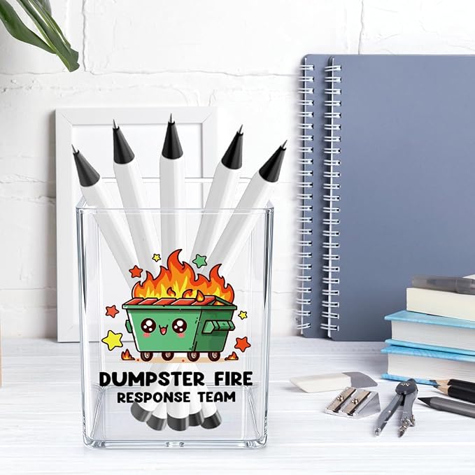 Funny Dumpster Fire Desk Accessories Dumpster Fire Gifts Office Desk Pencil Holder for Women Men Manager Coworker Administrative Professional Boss Day Gifts Acrylic Pen Holder Pencil Pen Cup