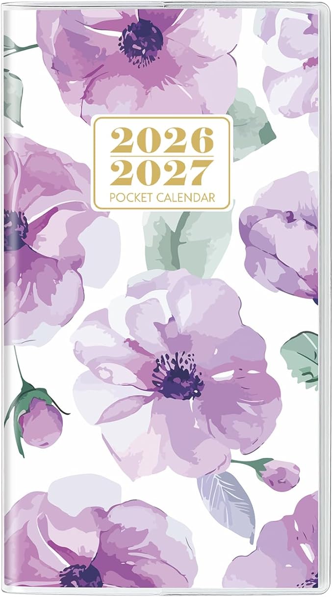 Pocket Calendar 2026-2027, Monthly Purse Planner - 6.7" x 3.7" - Runs from January 2026 Until December 2027, Floral Pocket Calendar with PVC Cover for Planning, Organizing and Office