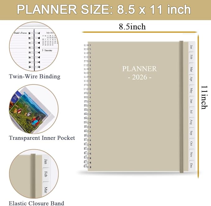 2026 Planner - Planner 2026 from January 2026 - December 2026, Monthly and Weekly Calender with 12 Tabs, 8.5" x 11", Beige