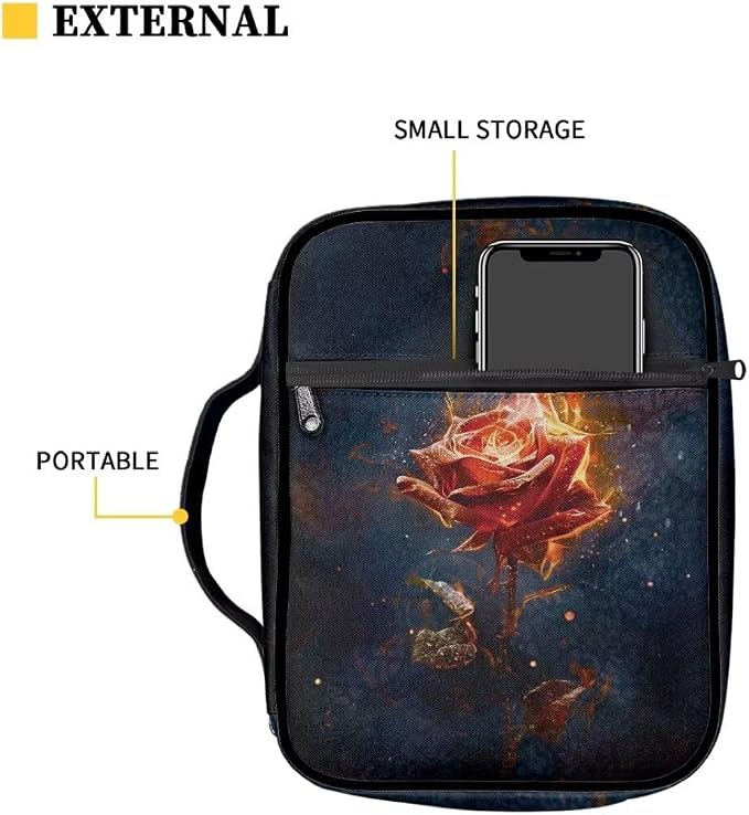 Coldinair Burning Rose Bible Cover Case for Women,Carrying Book Cover Bible Holders with Handle and Zippered Pocket,Fits for Standard/Large Size Bible