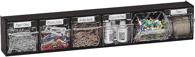 Deflecto 20604OP Tilt Bin Plastic Storage System w/6 Bins, 23 5/8 x 3 5/8 x 4 1/2, Black