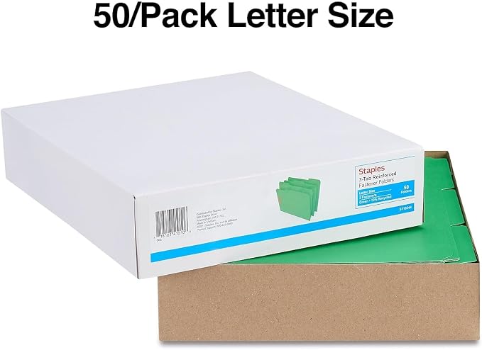 Staples Reinforced Tab Fastener Folder, Letter Size, Green Pressboard, Durable Construction, 50/Box
