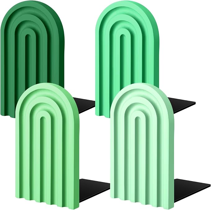 Harloon 4 Pcs Boho Arch Wooden Bookends, Decorative Rainbow Book Stoppers with Non-Slip Metal Base, 5x3x4 Inches, Cute Shelf Decor for Heavy Books, Home Office Study Desk Organizer(Green Color)