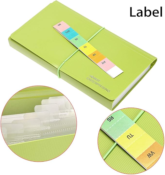 BTSKY Expanding File Folder - New 13 Pockets Handy Accordion File Organizer for Receipts Coupons Cards Tickets Tax Item File Storage Folder Check Bill Plastic Accordion Wallet Case(with Rope,Green)