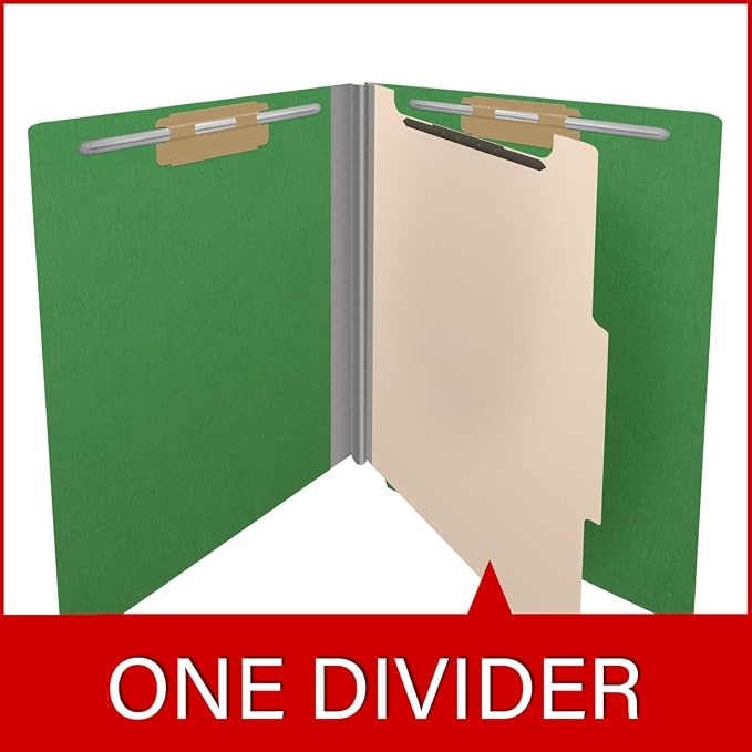 Pressboard Classification Folders, Full Cut End Tab, Letter Size, 1 Divider, Moss Green (Box of 10)