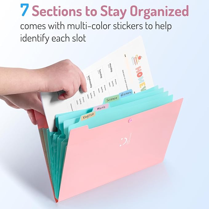 Forvencer Accordion File Organizer, Letter Size, 7 Pocket Expanding File Folder, Cute File Folder with Labels, Portable File Organizer for School Office Supplies, Folders for Documents, Green