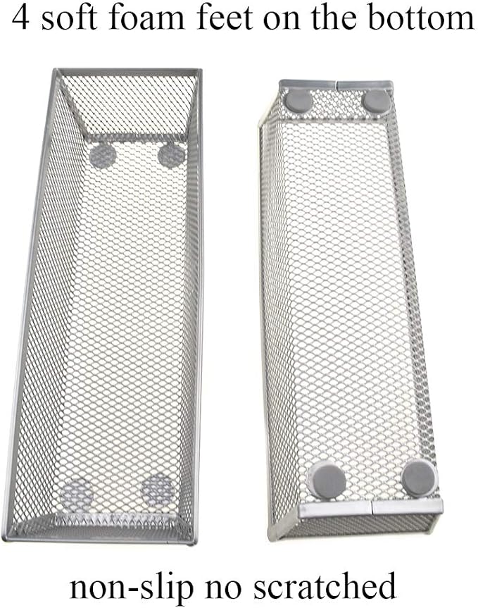 HAHIYO Stackable Mesh Tray Cup 9 x 3 x 2 inches Sturdy Container for Desk Drawer Organizer Collection for Home Office School kitchen Soft Foam Feet No Sharp Edges 2 Pack Silver