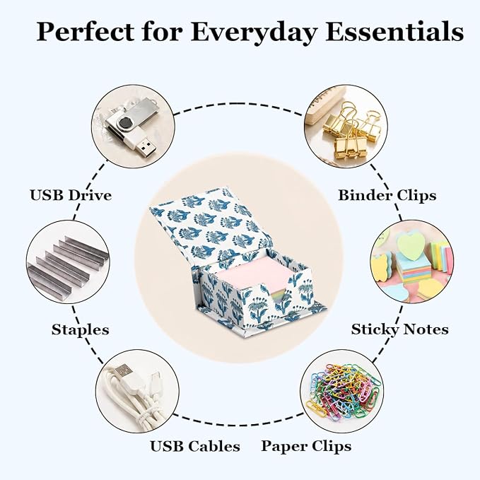 CPC Apatite Blue Block Print Cotton Desk Organizer Sticky Note Holder, 4'' X 4'' X 2'' Cute, Aesthetic, Decor Accessories, Workspace Organizers, Caddy Storage, Gift for Office, Professionals, Student