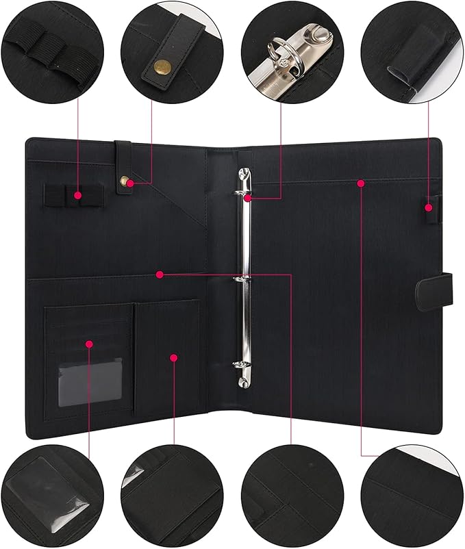 Wonderpool A4 PU Leather Portfolio Holder Ring File Document Case with Removable Binder Clipboard, Multi Pocket and Legal Pad for Business Organizer Interview and Meeting (Black)