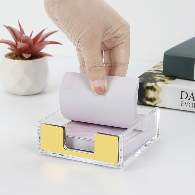 MultiBey Sticky Notes Memo Pad Holder Dispenser Clear Acrylic Gold Post Note Pad Holders Aesthetic Desk Supplies Organizer Accessories for Office Home Schools (Gold)