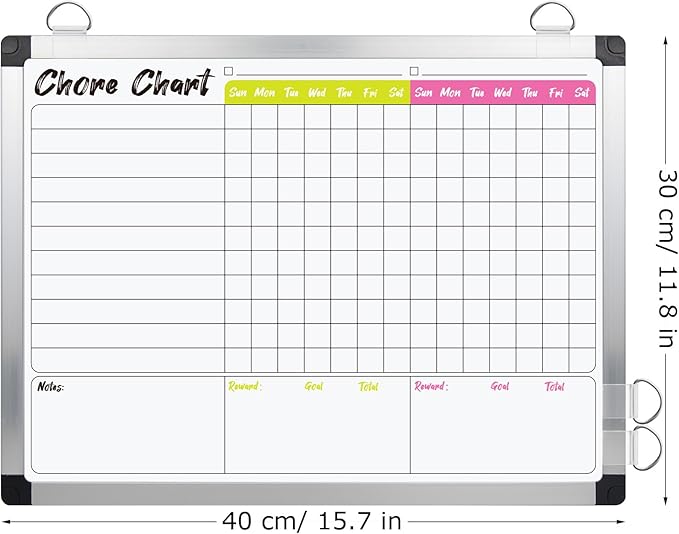 EAONE 16 x 12 in Magnetic Dry Erase Chore Chart & Whiteboard for Multiple Kids/Teens/Adults, Aluminum Frame Double Sided Chore Board Weekly Calendar for Wall, with 8 Markers, 4 Magnets, 1 Eraser