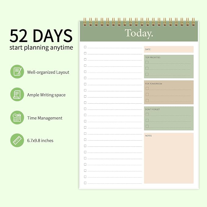KMQOY To Do List Notepad - Daily Planner Pad Undated 52 Sheets Spiral Today Planner Note Pad Premium Thick Paper 6.5" x 9.8" For Work and Personal Organized
