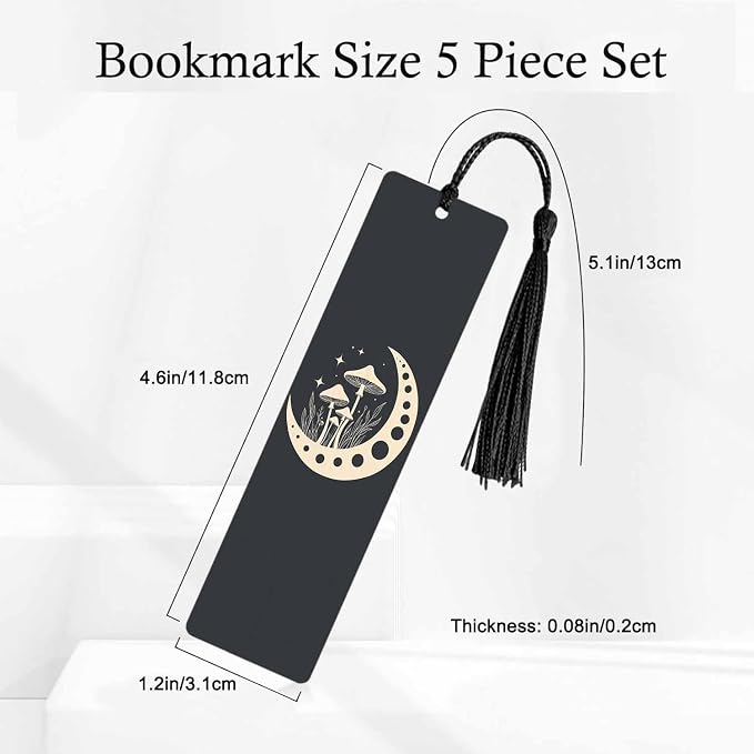 Mushrooms Bookmarks 5 Pcs Cosmic Moon Mystical Black Wooden Bookmark with Tassels for Reading Book Lovers Gift Office School Readers Teacher