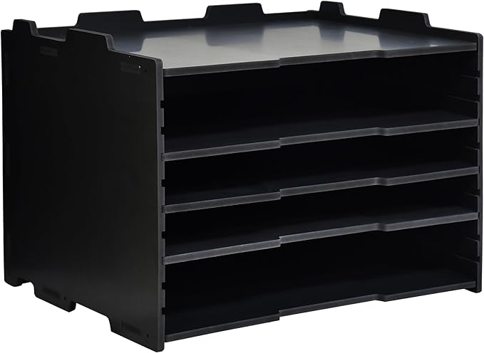 4 Tier Adjustable Shelves Office Desk Organizer,Wooden Desk File Organizer, Letter Tray, Document Letter Mail Tray Sorter, White/Black (Black-4tray(with 3 Adjustable Shelves))
