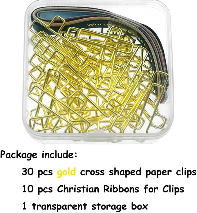 Cross Paper Clips with Ribbons Set. 30 Gold Paper Clips 10 Bible Religious Ribbons, Christian Gifts for Women Easter Eggs fillers