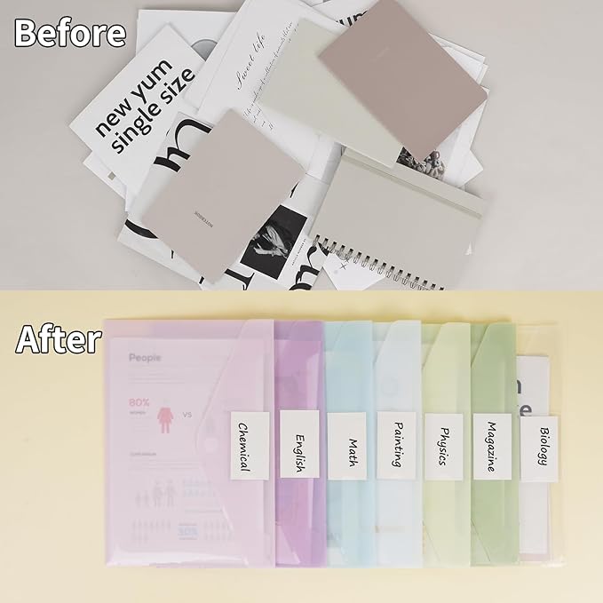 EOOUT 7pcs Plastic Envelopes, Plastic File Folders for Documents, Hook & Loop Closure File Folders with Label Pocket A4 Size for School and Office Supplies