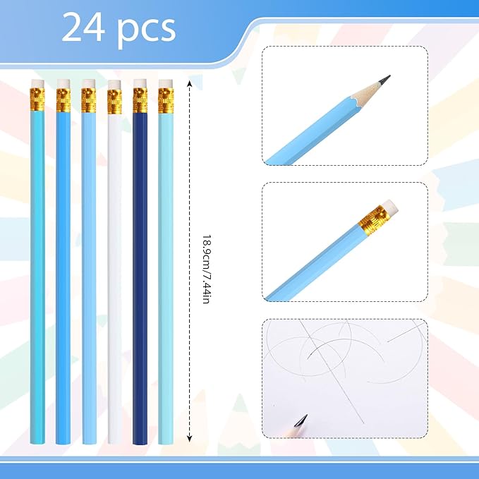 24sets/72pcs Wood-cased Blue Colored Pencils, Aesthetic #2 Eco Wooden Paper Pencils with 48 Pcs Top Erasers, Number 2 Unsharpened Pencil Bulk Gifts for Birthday Party Favors Writing Drawing Office