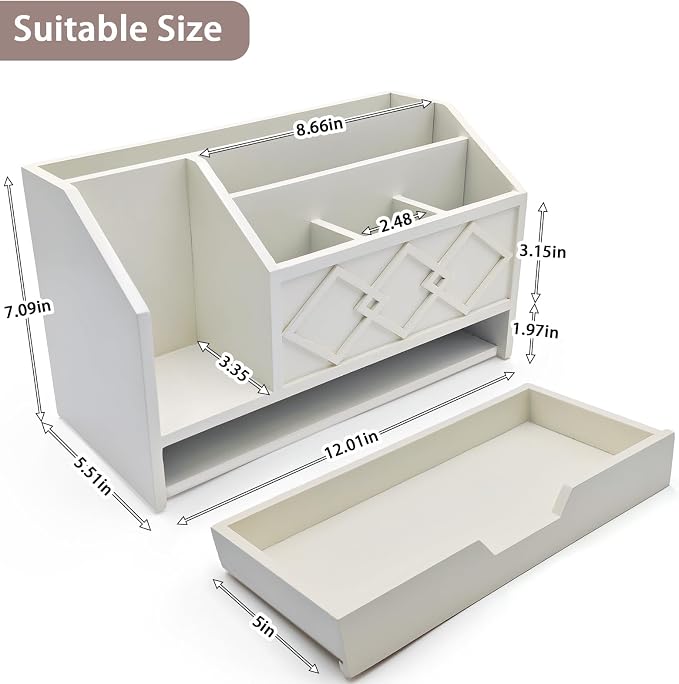 White Wooden Mail Organizer with Drawer, Three Tiered Desk Accessories for Office Organization and Storage, Stylish Countertop Document Storage, Home/Office/Classroom Supplies (White02)