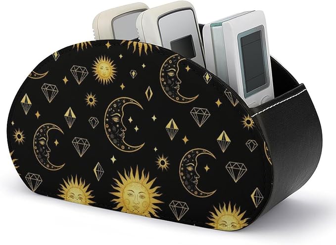 Sun Moon Star Gold Black Remote Control Holder with 5 Compartments, TV Remote Caddy Store Box Multi-functional Desktop Organizer Home&Office Accessories
