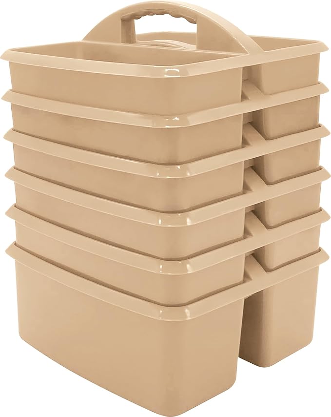 Teacher Created Resources Light Brown Portable Plastic Storage Caddy 6-Pack for Classrooms, Kids Room, and Office Organization, 3 Compartments