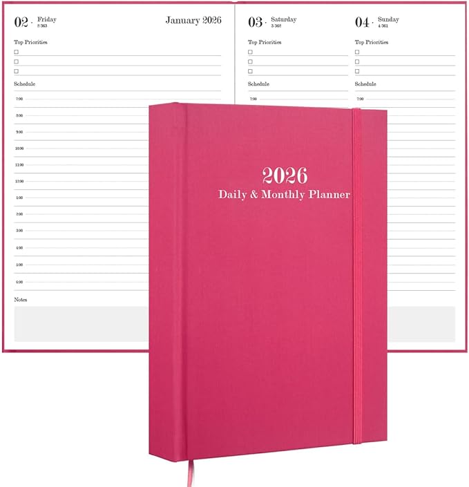 2026 Daily & Monthly Planner - 2026 Daily Planner One Page Per Day from January 2026 to December 2026, 5.8" x 8.3" Hourly Appointment Book Perfect Organizer Daily Life, Fabric Cover, Pink