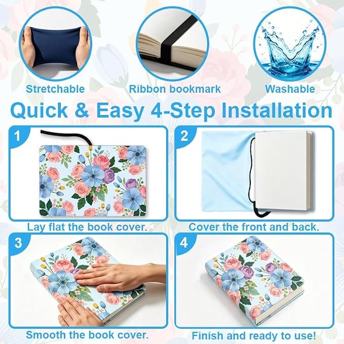 Blue and Pink Flowers Patern Stretchable Book Cover 15.7"x9.8", Elastic Washable Book Protector for Hardcover Textbooks Paperbacks, Reusable Polyester Book Sleeve for Women