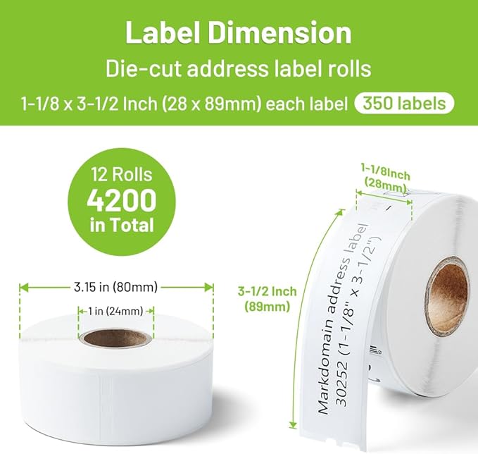 12 Rolls Compatible with Dymo LabelWriter 30252 Label Refills 1-1/8" x 3-1/2" Address/Barcode Labels for 400 450 Duo Twin Turbo 4XL Printer (28 x 89 mm, 350/Roll)