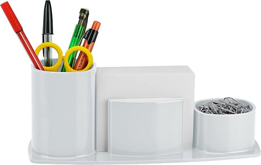 Acrimet Millennium Desk Organizer Cup Caddy – Plastic Desktop Holder for Pen, Pencil, Clips, Desk Accessories & Memo Paper – Includes 200 Sheets of Memo Paper (White Color)