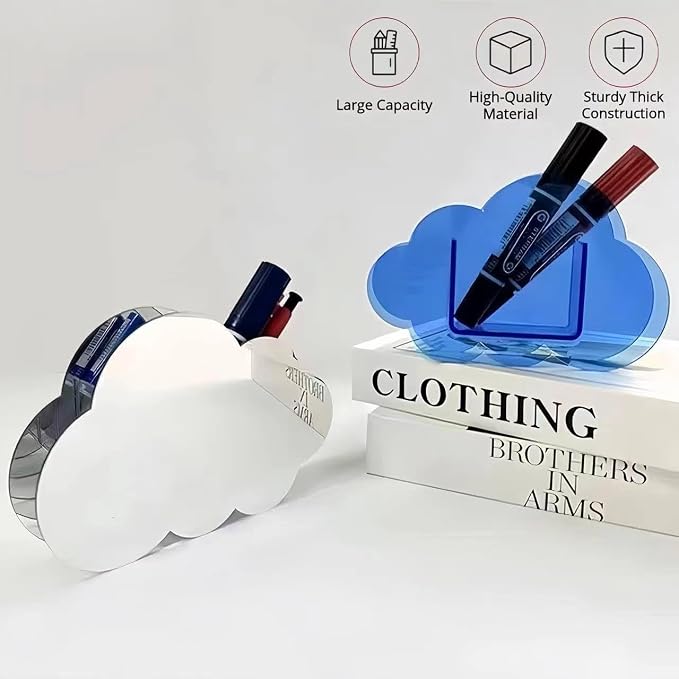 Aesthetic Cloud Pen Holder for Desk Cute Office Supplies Acrylic Cubicle Decor Kawaii Workspace Accessories Clear Makeup Organizer for Women Girls Pencil Cup Large Caddy for Home Office (Silver)