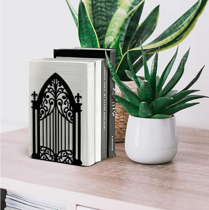 Peacoblue Metal Bookends for Shelves, Modern Decorative Heavy Duty Study Book Support Stoppers for Office, Desk, Shelf, Room 5.3"x4.3"x7.3" Cast Iron Simple Tall Bookends, 1 Pair (Gothic Gate)