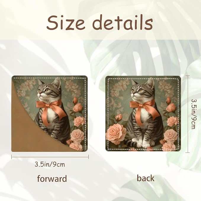 2PCS PU Leather Bookmarks 3.5x3.5 Inch Cat Rose Bow Design | PU leather bookmarks with cat rose bow design for novels, daily journals, reading notes, students, women readers and cat fans