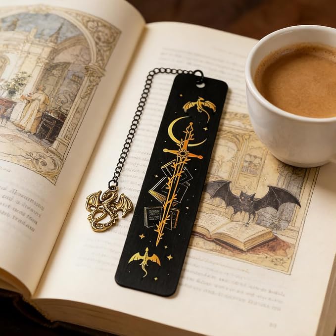 Dragon Sword Bookmark for Fantasy Book Lovers, Stainless Steel Metal Bookmark with Dragon Charm Chain, Dark Fantasy Reading Accessory, Collectible Book Mark Gift for Women Men Readers(Dragon)