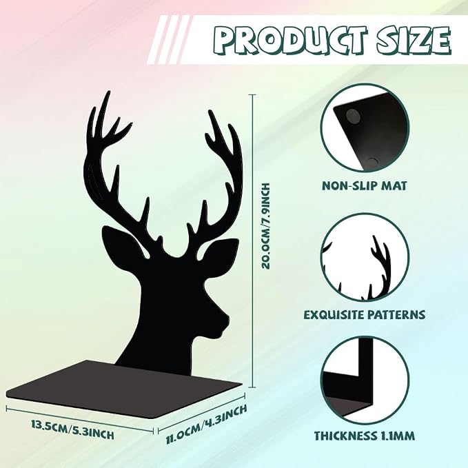 Peacoblue Metal Bookends for Shelves, Modern Decorative Heavy Duty Study Book Support Stoppers for Office, Desk, Shelf, Room 5.3"x4.3"x7.9" Cast Iron Simple Tall Bookends, 1 Pair (Deer Head)