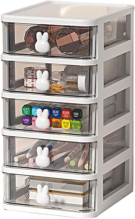 5-Tier Desk Storage Box, Transparent Plastic Organizer with Bunny Handles, Large Capacity Multi-Level Drawer for Books, Pens, Office Supplies, Perfect for Home, Office, or Study