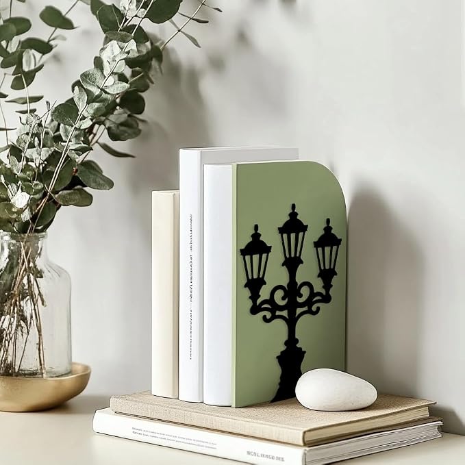 Peacoblue Metal Bookends for Shelves, Modern Decorative Heavy Duty Study Book Support Stoppers for Office, Desk, Shelf, Room 5.3"x4.3"x7.3" Cast Iron Simple Tall Bookends, 1 Pair (Street Lamp)