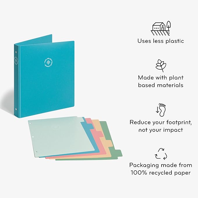 U Brands U-Eco Poly 1" Binder + 5 Tab Divider Set, 8.5'' x 11'', Ocean, Two-Pockets, Letter Size (6598U01-12)