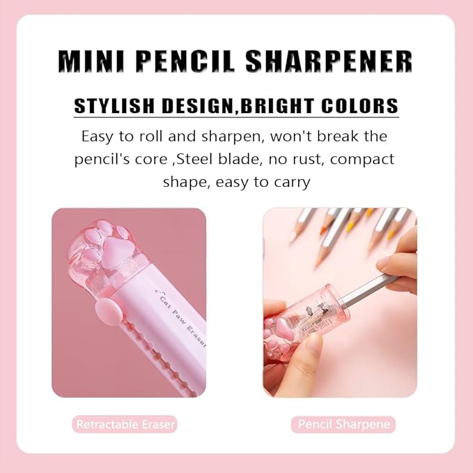 Cute School Supplies,Stationary Gift Set, Japanese Stationery Birthday GIFS, Includes Pencil Sharpener,Eraser, Correction Tape, Ruler, Mini Scissors,Utility Knife, for Office School Supplies (Pink)