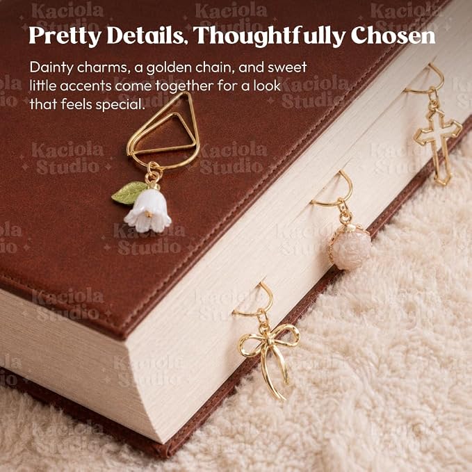 Kaciola Bible Charms Chain with 4PCS Planner Charms for Bible Study, Book Spine Bookmark, Journal Accessory, Unique Faith Jewelry Gift for Women (SJ-06)